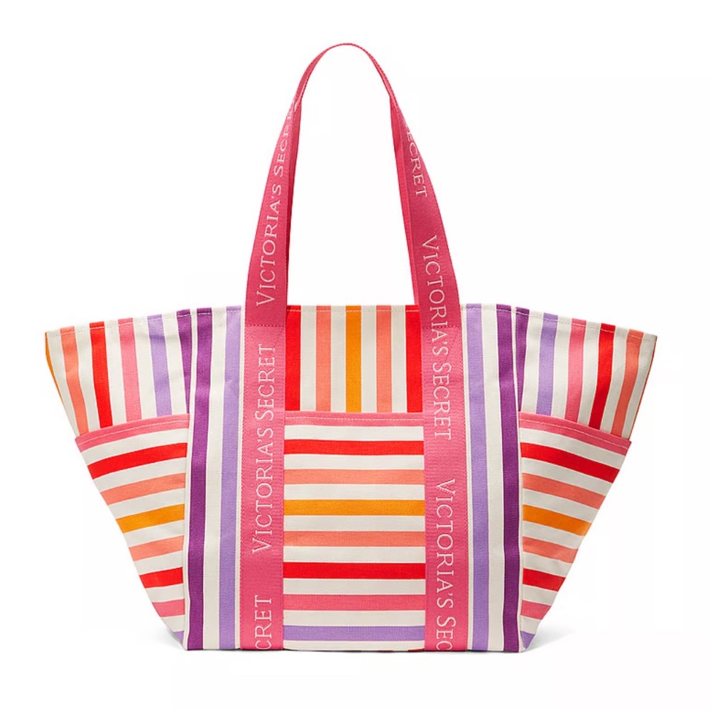 Victoria's Secret Multicolor Striped Canvas Tote - Pink, Purple, Red, Orange